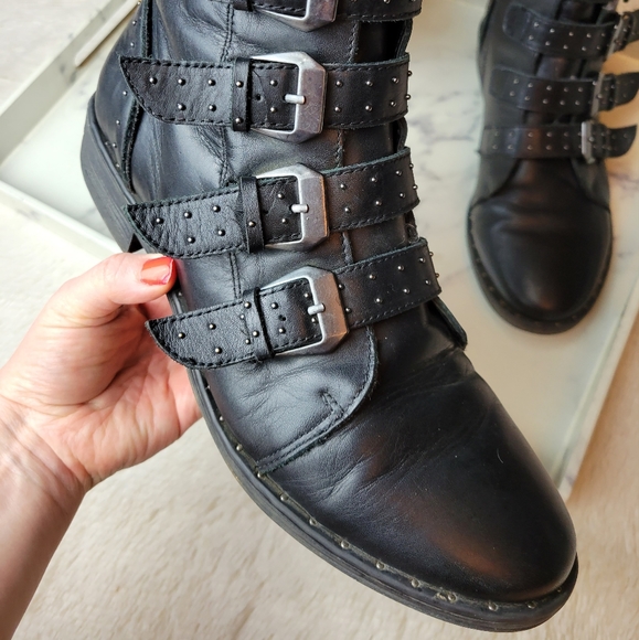 STEVE MADDEN Pursue Black Studded Buckle Strappy Leather Moto Combat Boots Sz 9 - Picture 5 of 14